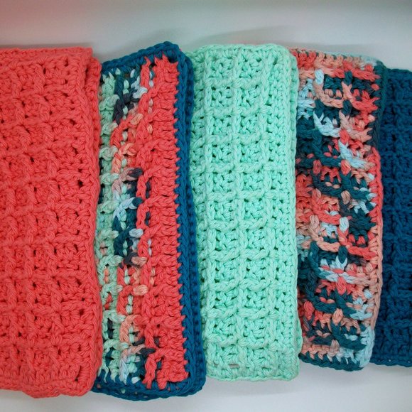 Handmade Crochet Cotton Wash Dish Cloths Metal Bucket Storage Set of 5 - Picture 4 of 4